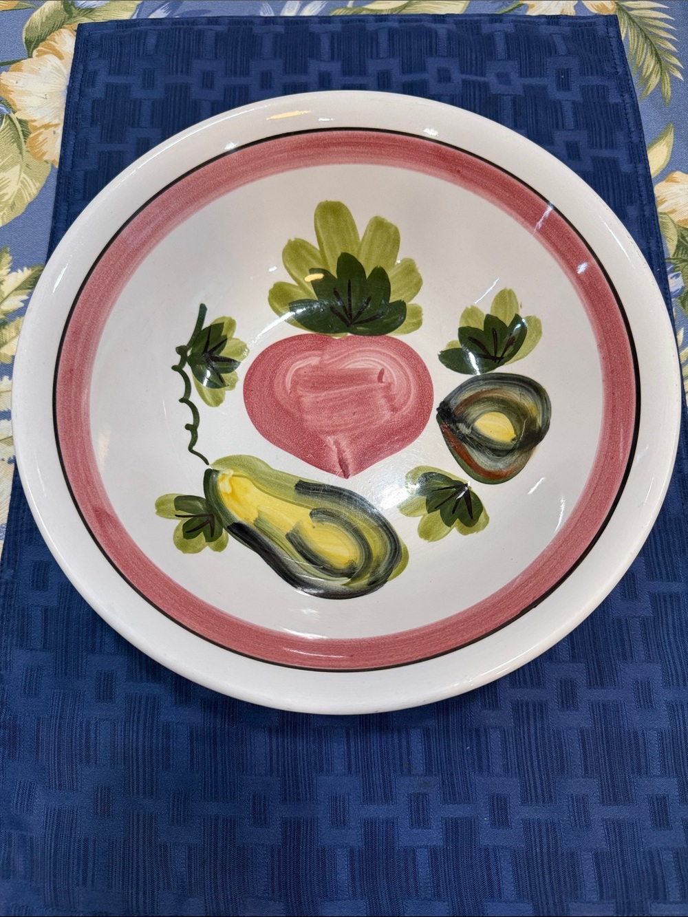 Vintage Hand-Painted Ceramic Serving Bowl in Pink and Green